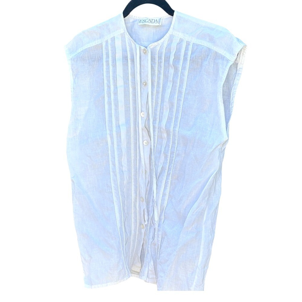 Vintage ESCADA White Linen Sleeveless Pintuck‎ Blouse Top 1980s Like New